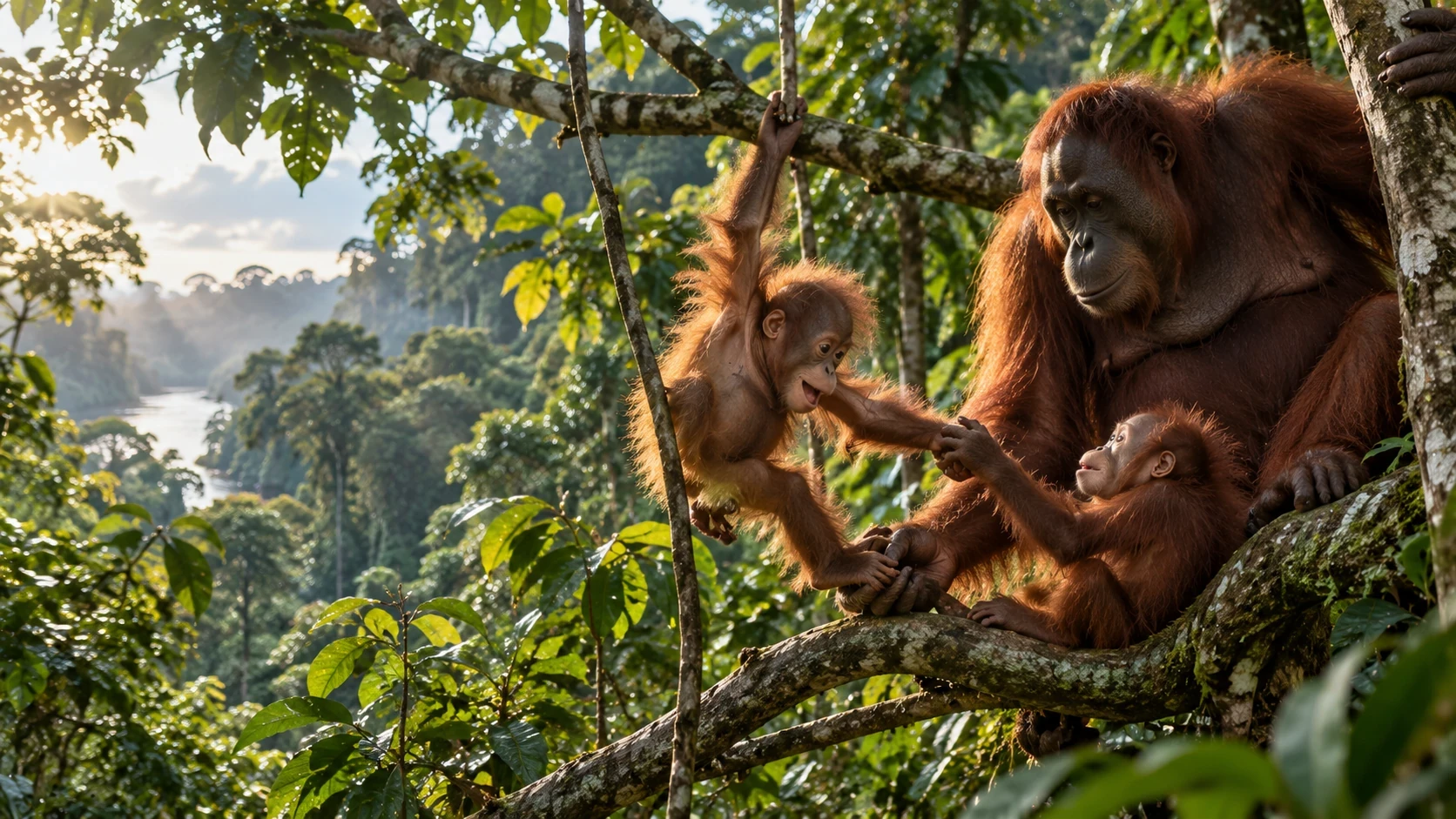 Illustration IA d’une mère orang-outan et de jeunes jouant dans la canopée