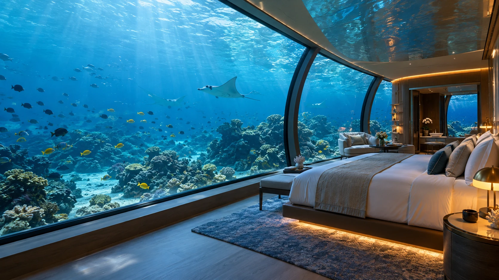 Dormitorio submarino imaginado con IA y vistas panorámicas a un arrecife