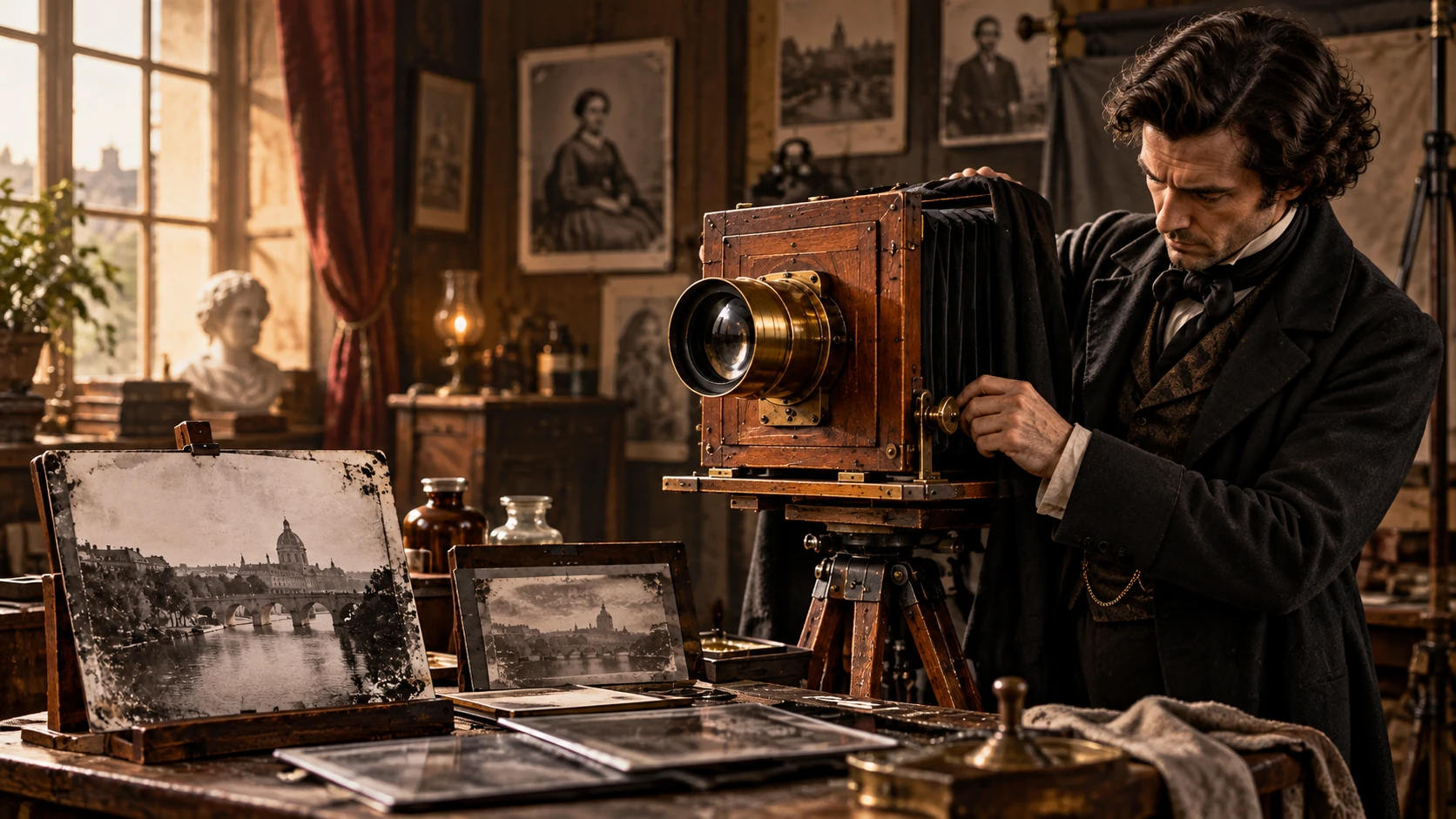 Reconstitution artistique par IA d’un atelier photographique du XIXe siècle avec un photographe, un appareil en bois et des tirages.
