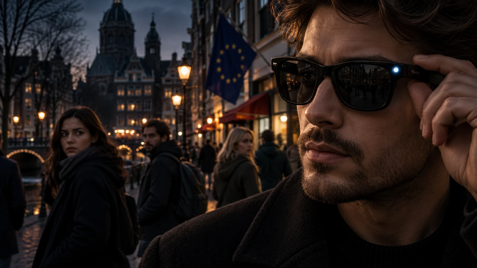 Editorial illustration of a person wearing camera-equipped smart glasses near bystanders on an old-town street at dusk