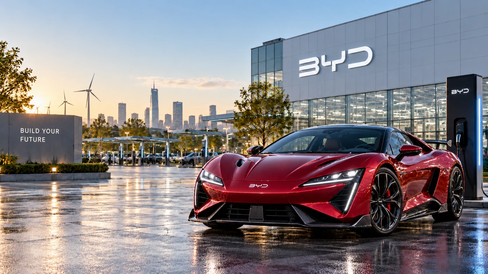 AI-generated editorial illustration of a red sports car outside a BYD-inspired factory, not a photograph or verified production model