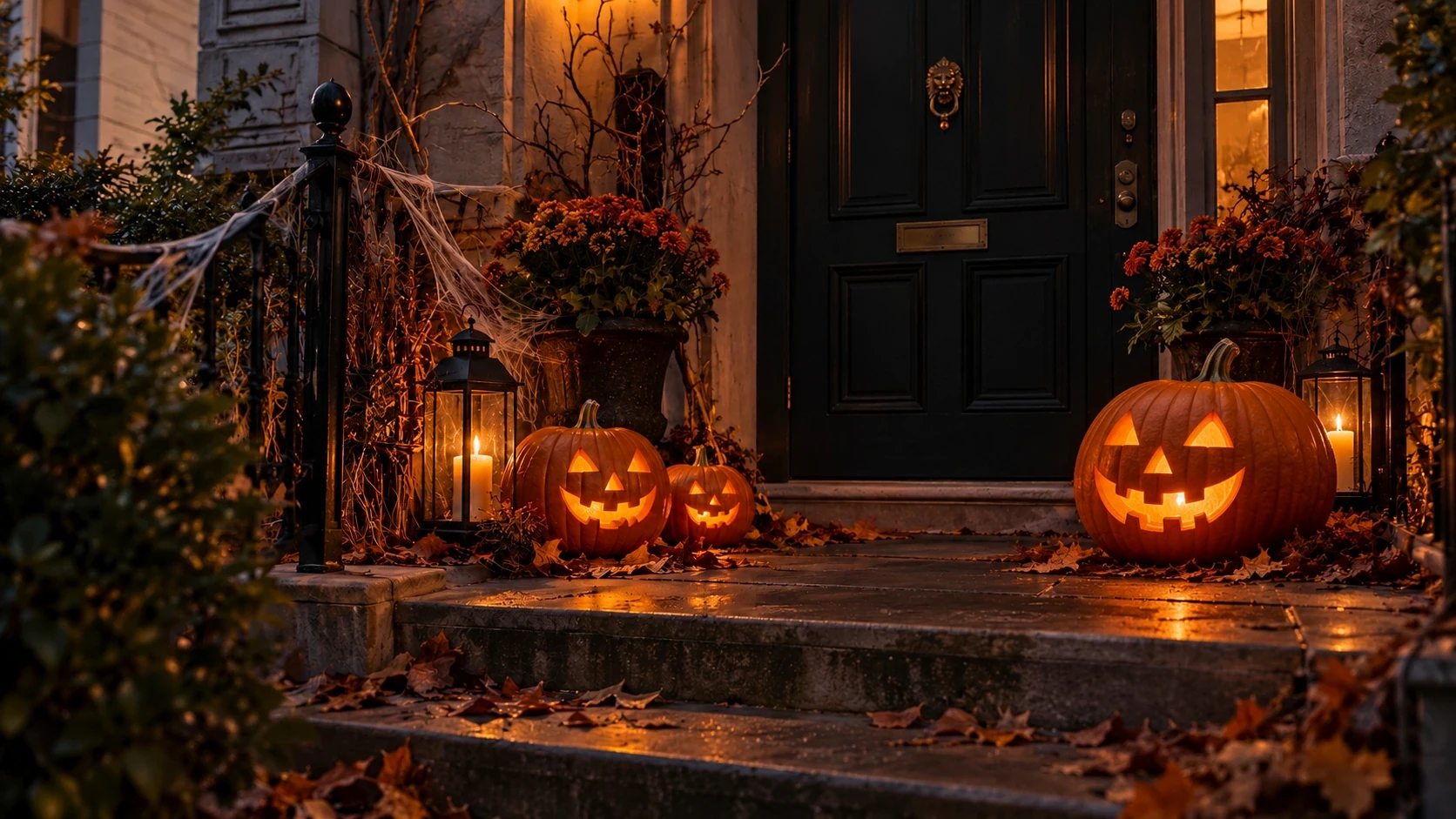 Illustration IA de citrouilles et de bougies d'Halloween devant une maison