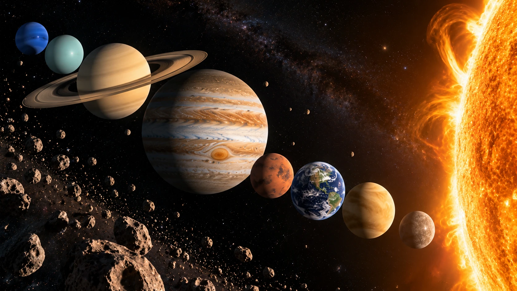 Artistic illustration of the Sun and eight planets in a compressed alignment, with asteroids in the foreground; sizes and distances are not to scale.