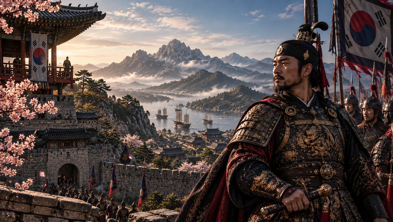 Editorial reconstruction of an ancient Korean fortress, court and mountain landscape