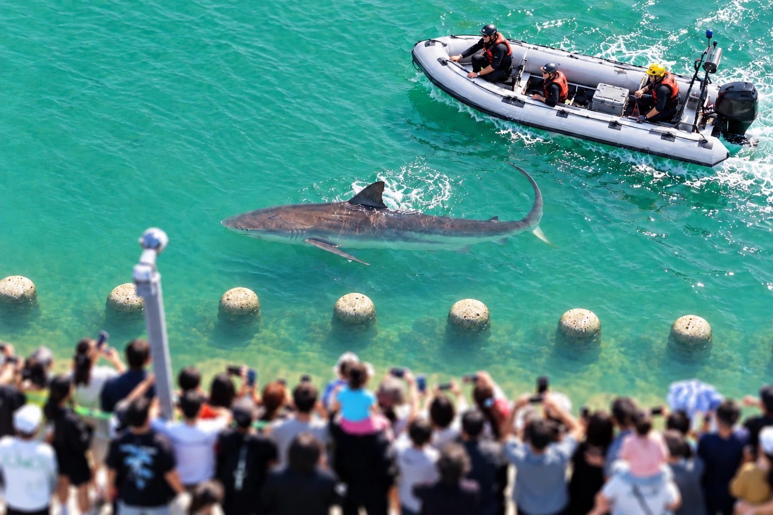 Edited editorial illustration of a shark in turquoise canal water, a white rescue boat and blurred waterfront spectators