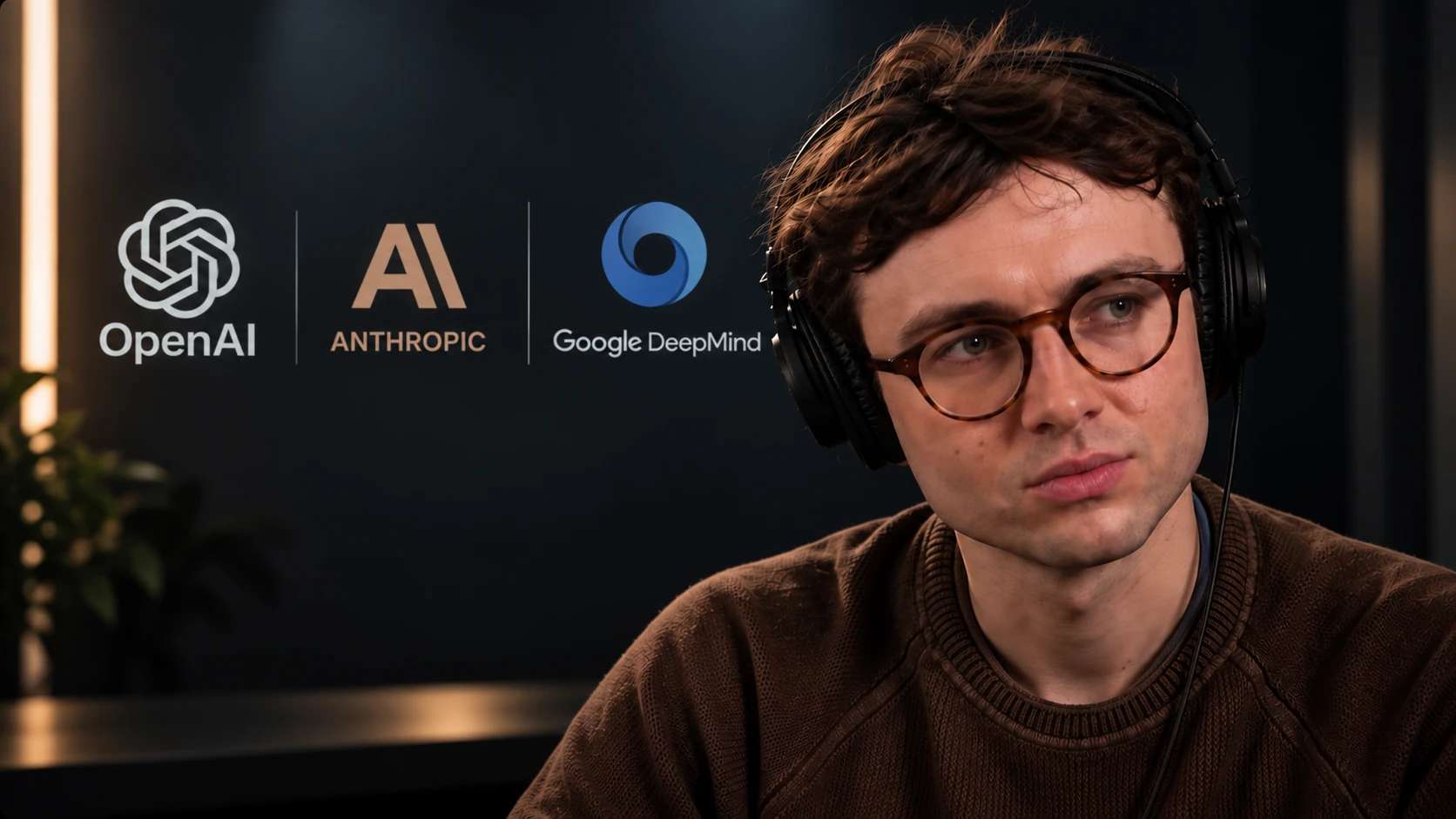 رسم تحريري مولد بالذكاء الاصطناعي مستوحى من جاكوب كوكسون في مقابلة متخيلة مع شعارات OpenAI وAnthropic وGoogle DeepMind؛ ليس صورة حقيقية أو إثبات ارتباط