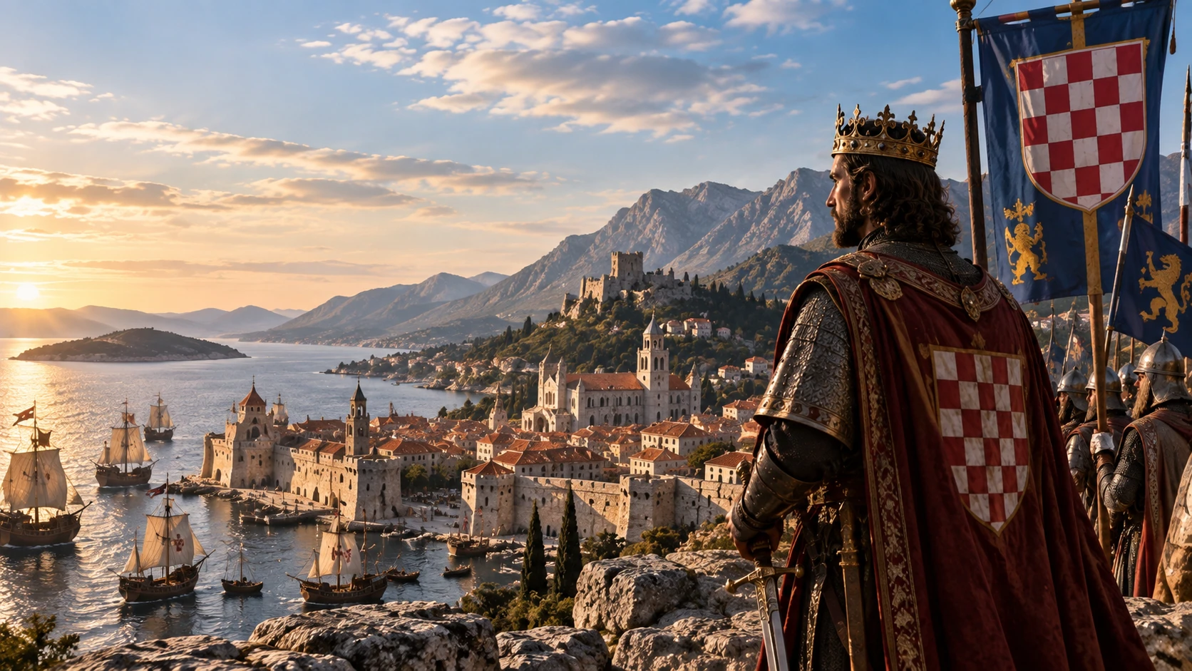 Editorial reconstruction of a medieval Croatian king overlooking a Dalmatian Adriatic port and mountain coast
