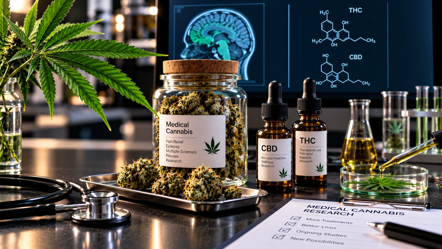 Illustration éditoriale par IA d’un laboratoire avec du cannabis, des flacons et du matériel ; étiquettes et schémas ne sont pas des conseils médicaux.