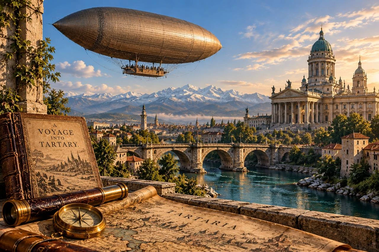 PRESDA AI-generated symbolic illustration: an imagined city, airship and map. Not an archival photograph, a real location or evidence of a Tartarian empire.