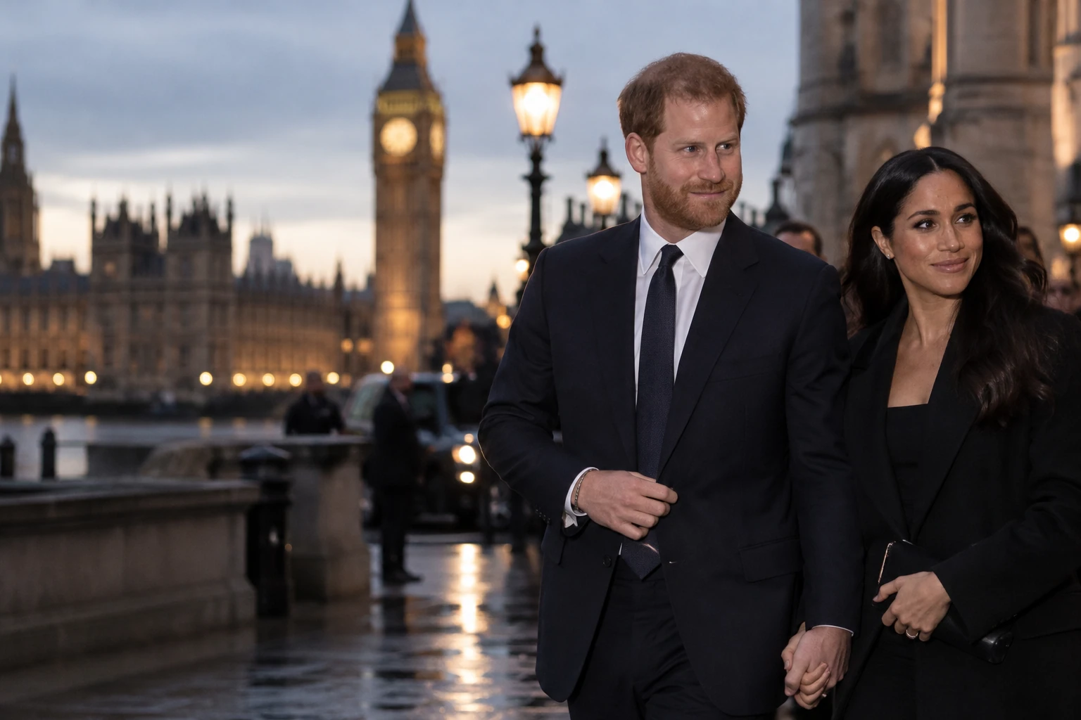 Illustration éditoriale générée par IA de Harry et Meghan près de Big Ben, pas une photographie authentique