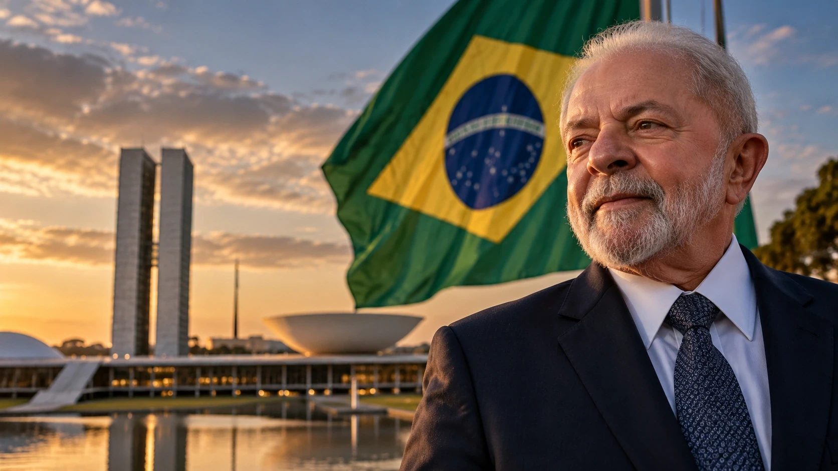 Portrait éditorial IA de Lula devant le drapeau brésilien et le Congrès national