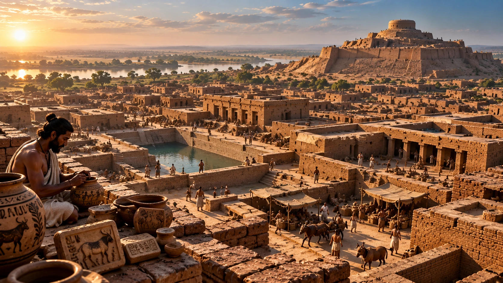 تصور فني مولد بالذكاء الاصطناعي لمدينة متخيلة من حضارة السند عند الفجر، وليس تصويرا أثريا دقيقا؛ التل الضخم والأشخاص والنقوش عناصر افتراضية