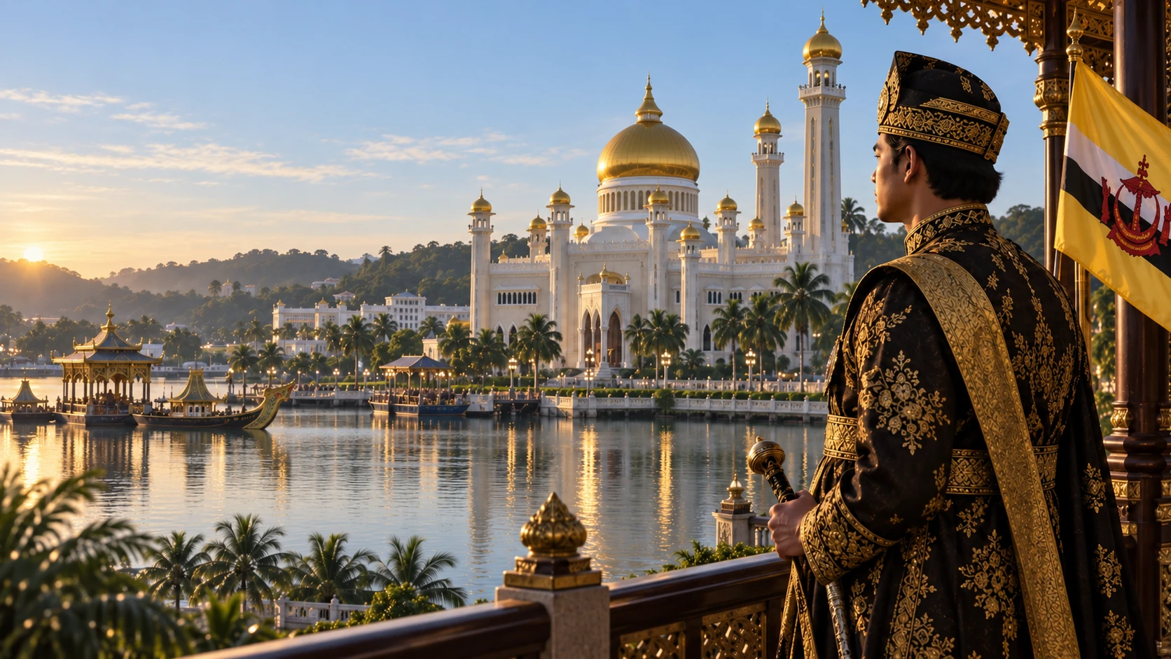 Editorial illustration of a Bruneian ruler on the right overlooking a golden-domed waterfront mosque at sunrise