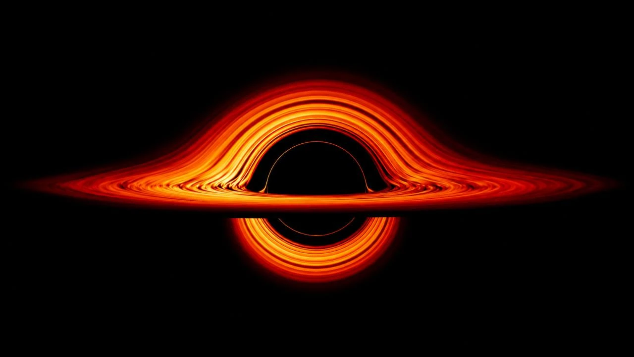 Illustration fournie : disque lumineux déformé par lentille gravitationnelle. Ni observation de l’intérieur ni schéma à l’échelle.