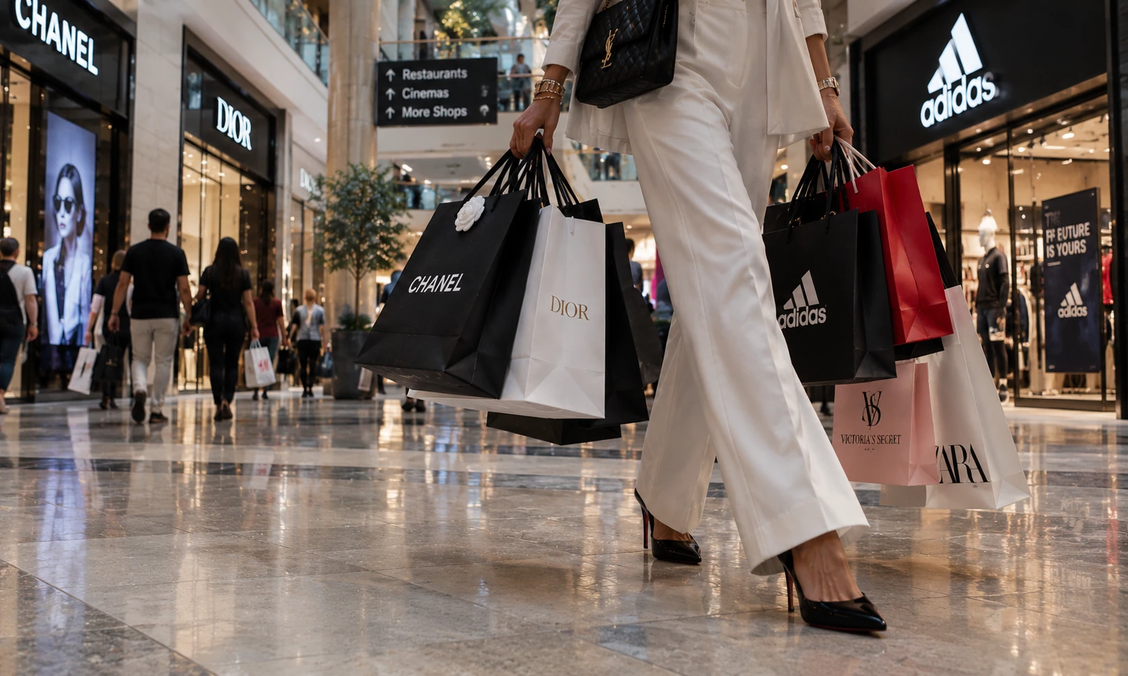 Illustration éditoriale générée par IA d’une femme portant des sacs de marques dans un centre commercial imaginaire, sans représenter une cliente réelle ni un soutien des marques