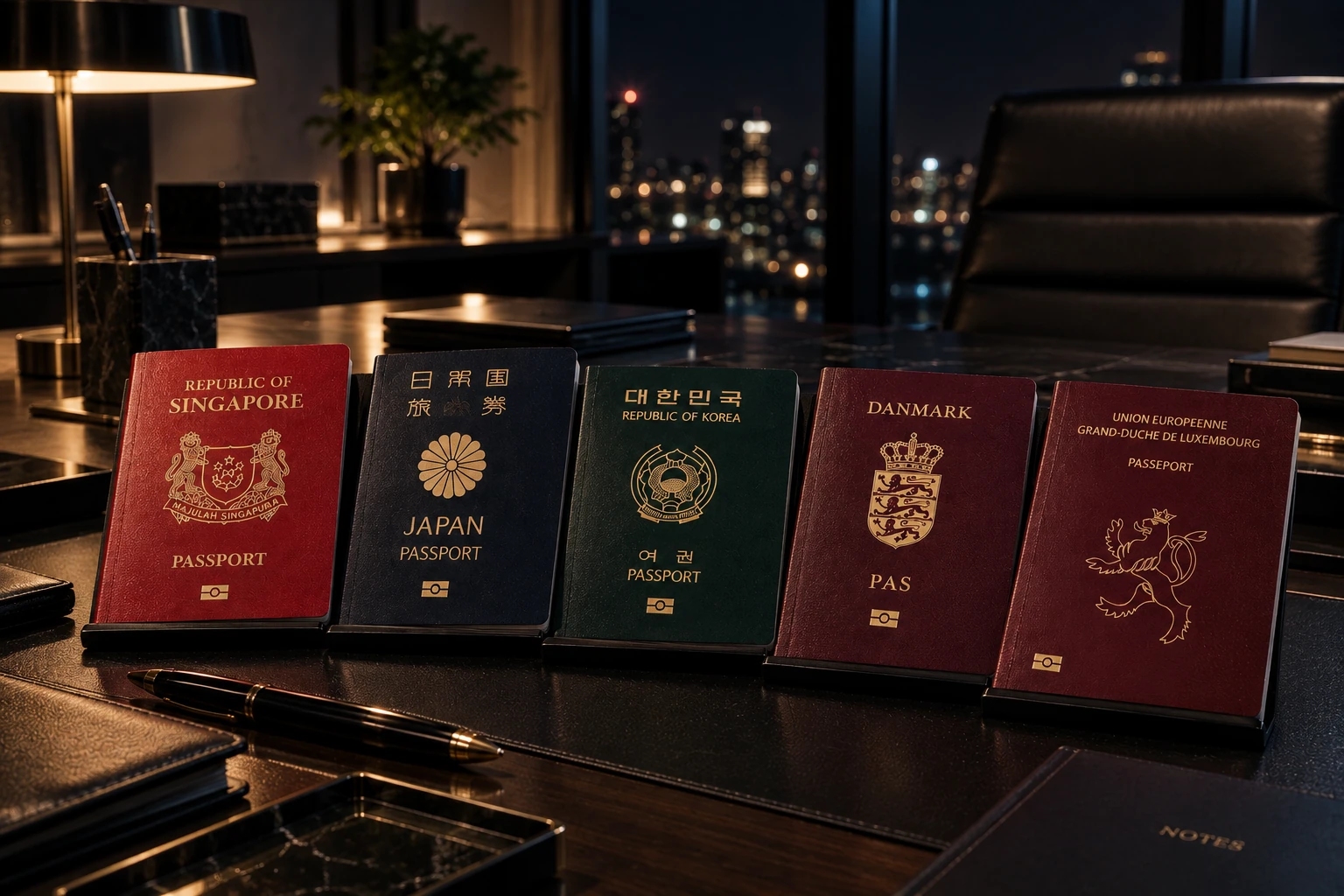 Ilustración editorial generada por IA de cinco pasaportes en una oficina nocturna, no documentos auténticos ni una fotografía del ranking