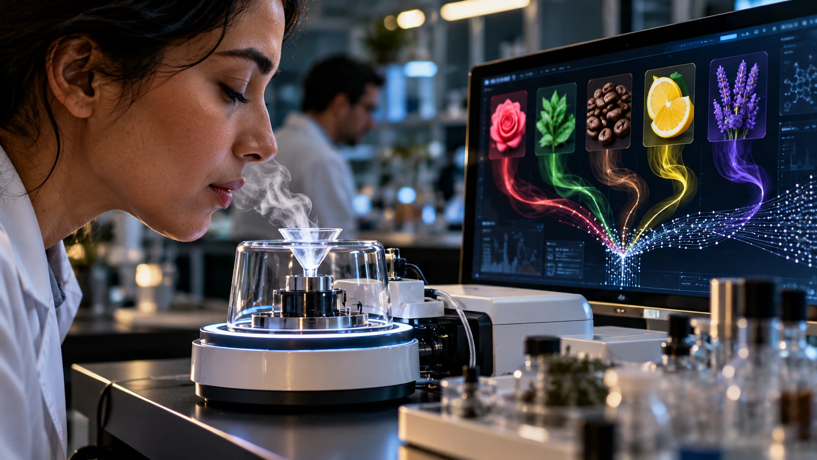 Illustration IA d'un laboratoire imaginaire avec une interface olfactive