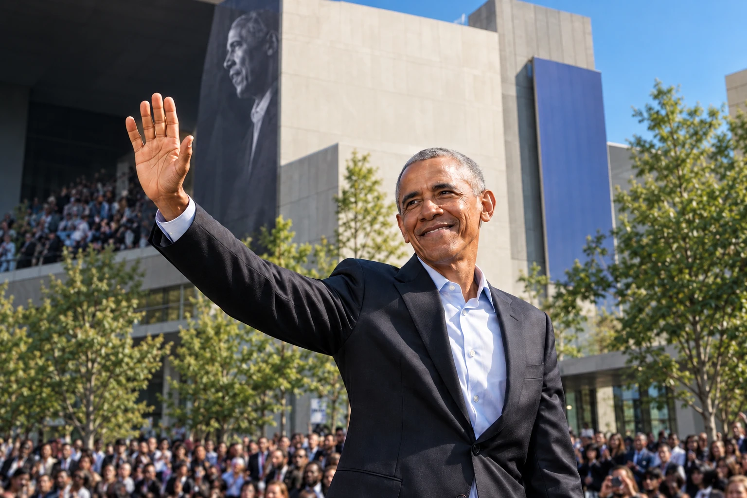 Ilustración editorial generada con IA de Barack Obama saludando ante un edificio cívico, no una fotografía de la inauguración del centro presidencial