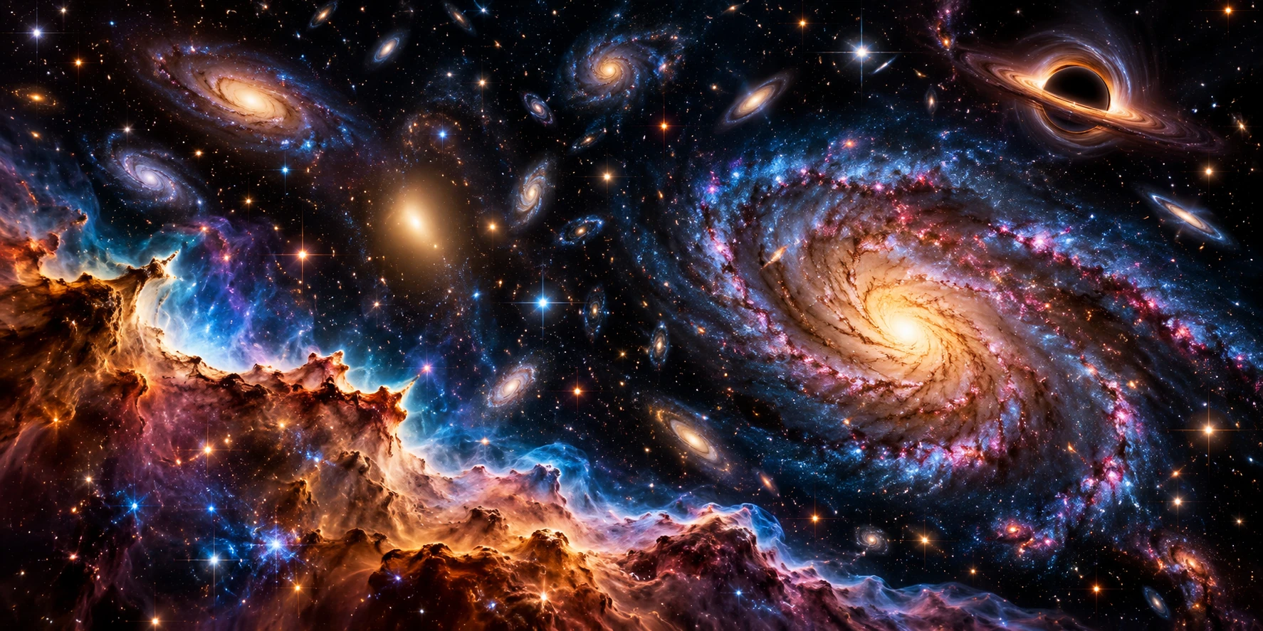 Panorama artistique PRESDA généré par IA : galaxies, nébuleuses lumineuses et trou noir symbolique, non une photographie astronomique.