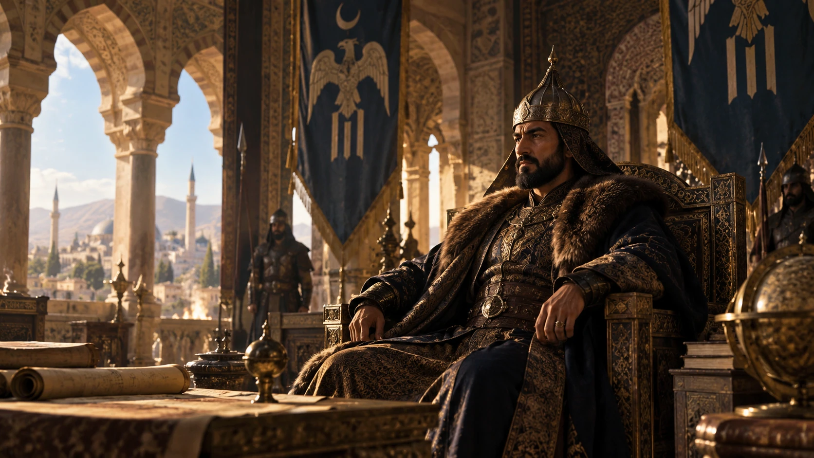 Reconstitution historique générée par IA d’un palais seldjoukide imaginaire avec un souverain à droite, pas un portrait authentique d’Alp Arslan ou d’un souverain identifié