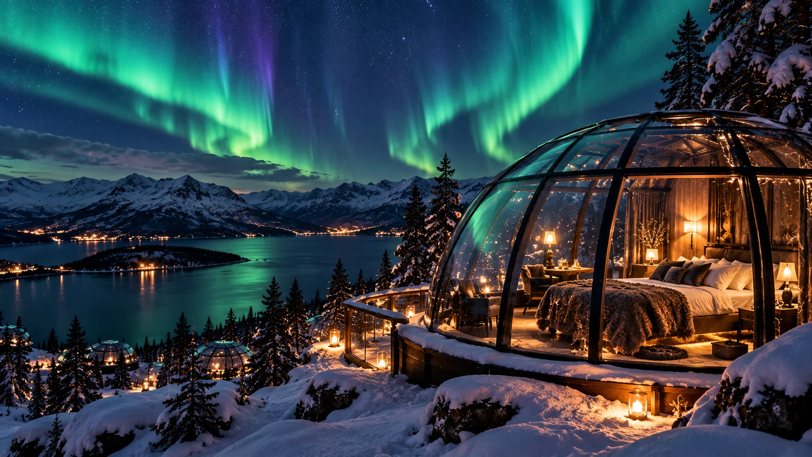 Ilustración editorial generada por IA de un iglú de cristal de lujo a la derecha, bajo una aurora en un paisaje nevado imaginario