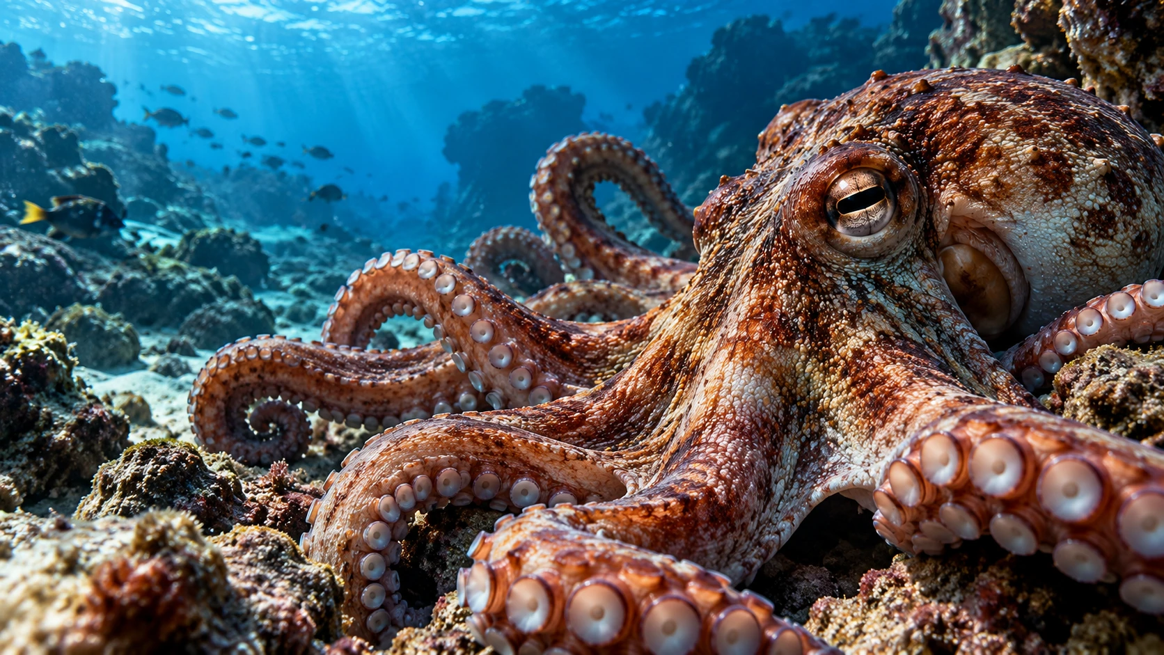 Ilustración editorial de un pulpo entre arrecifes submarinos iluminados por el sol