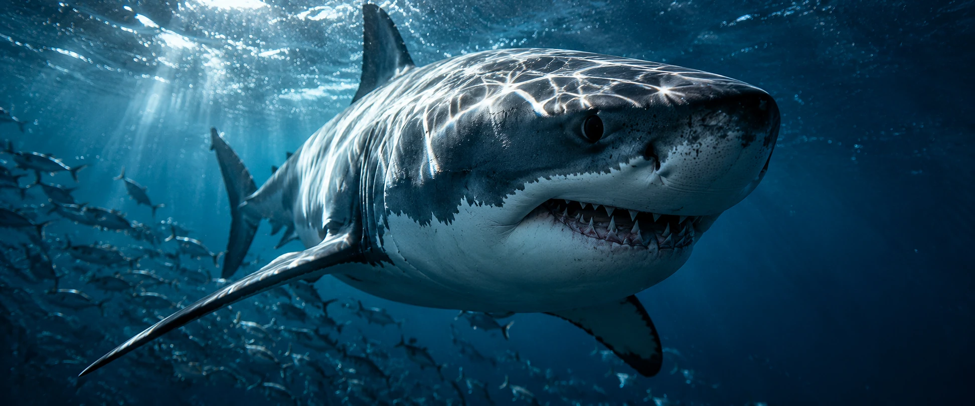 AI-generated editorial illustration of a great white shark in sunlit water, not a photograph of the blacktip sharks studied