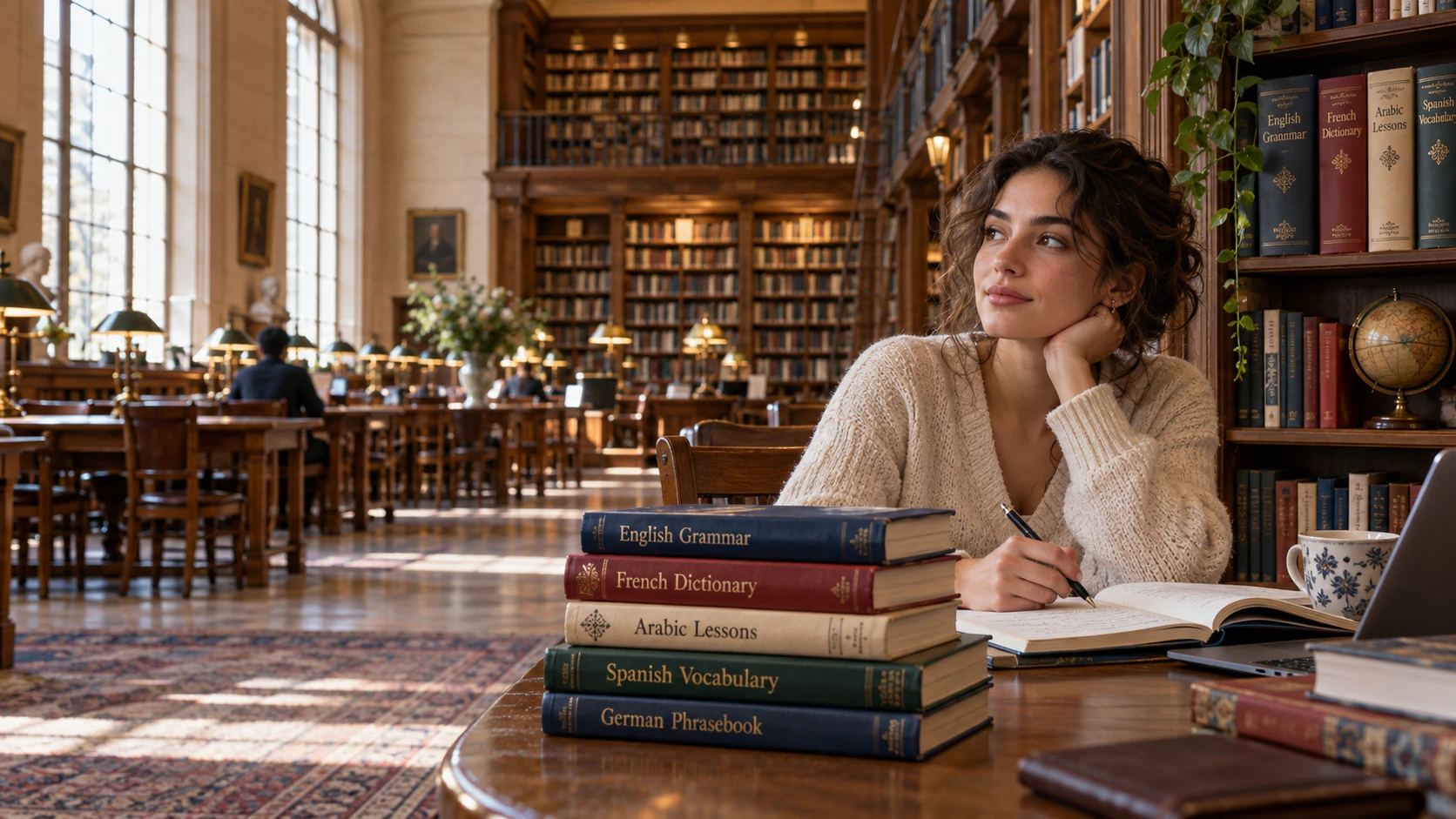 PRESDA AI-generated editorial illustration of a woman studying languages in an imagined library. Not a photograph of a research participant or scientific experiment.