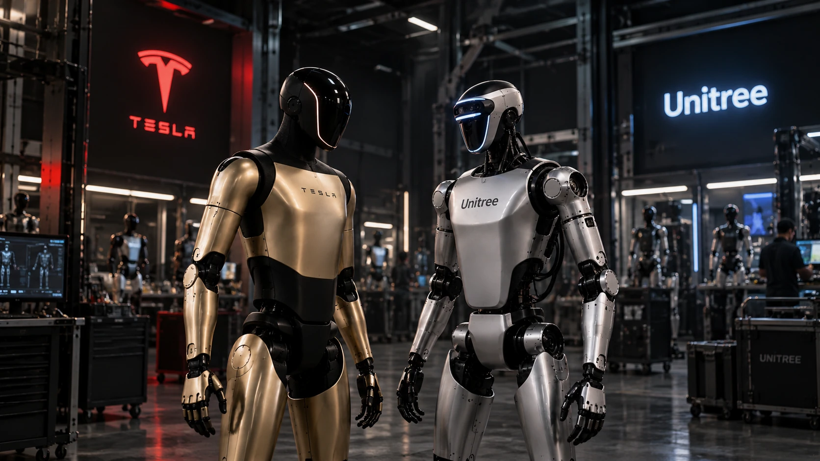 Illustration conceptuelle générée par IA de robots humanoïdes inspirés de Tesla et Unitree dans une usine sombre, ni photographie ni représentation exacte des modèles actuels