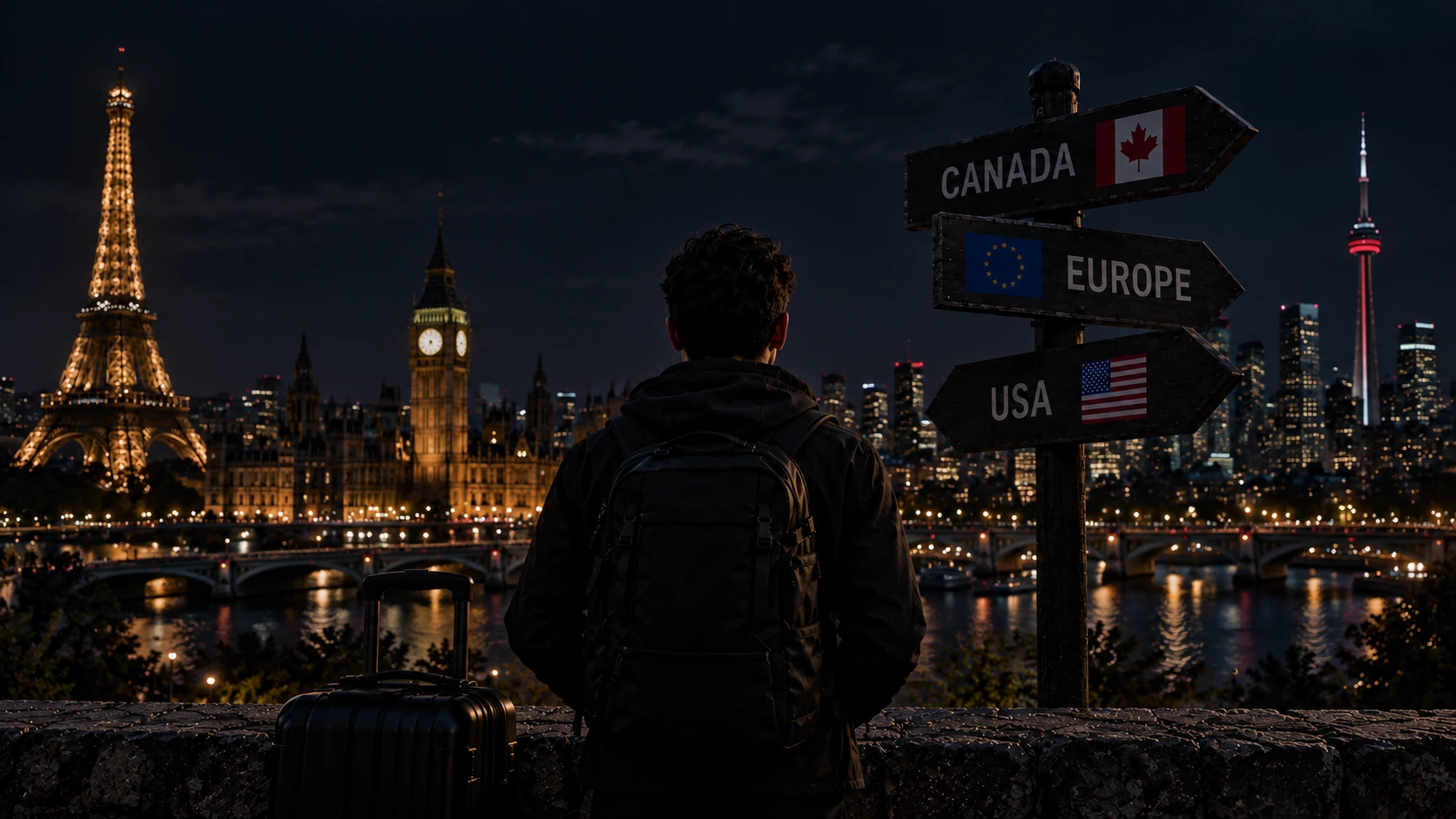 Illustration éditoriale par IA d’un voyageur devant des monuments et des panneaux Canada, Europe et USA, sans représenter un voyage réel