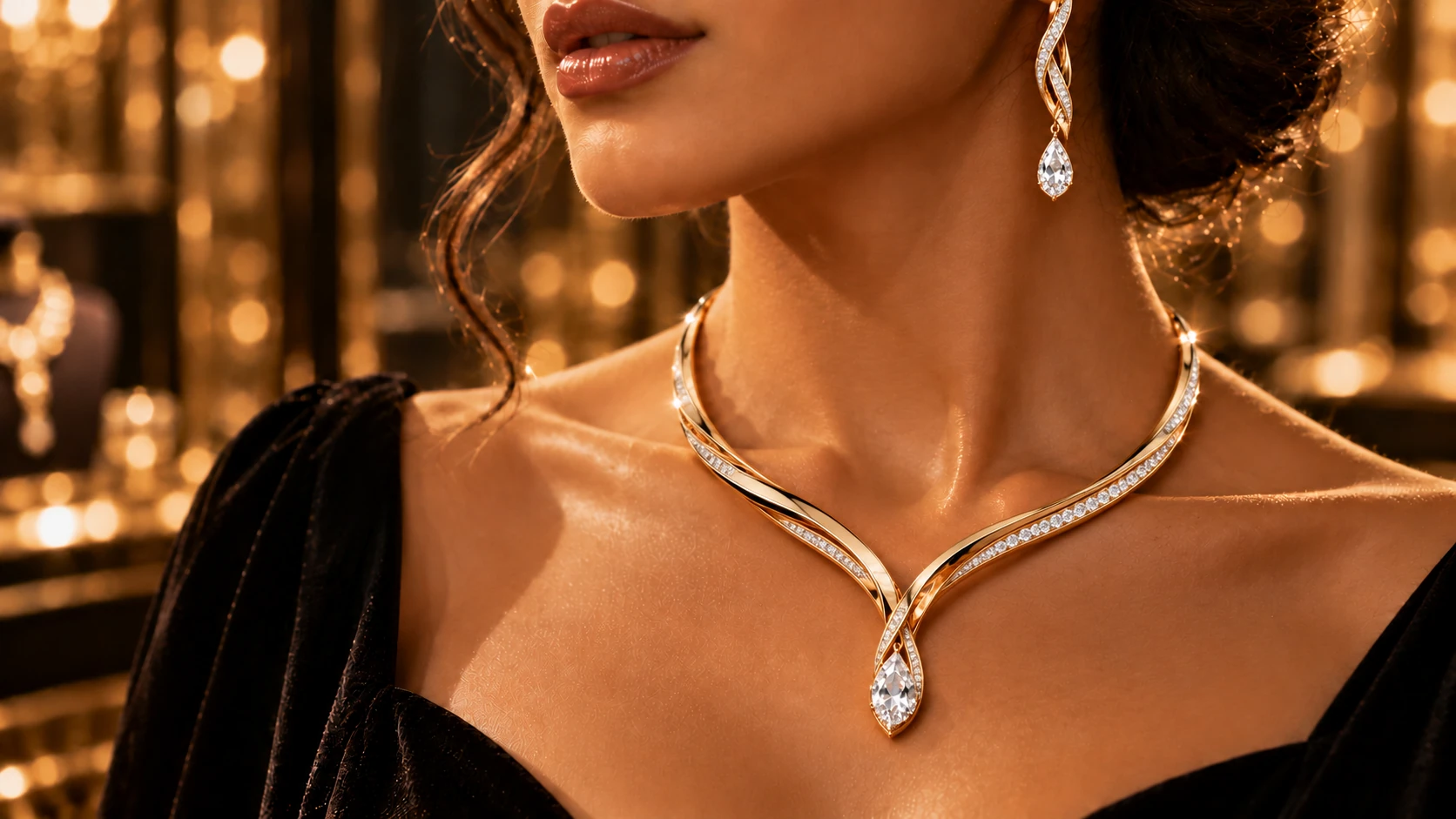 Ilustración editorial generada por IA, centrada en una mujer con collar y pendientes de oro; no representa a una persona ni a una colección real.