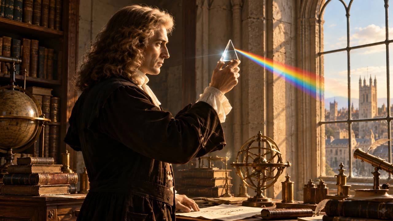 Illustration éditoriale de Newton avec un prisme : reconstitution, pas une photographie historique ni un schéma expérimental exact.