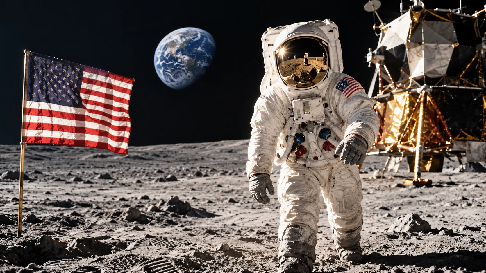 AI-generated artistic illustration of an Apollo-style astronaut, flag and lander with Earth above the lunar horizon.