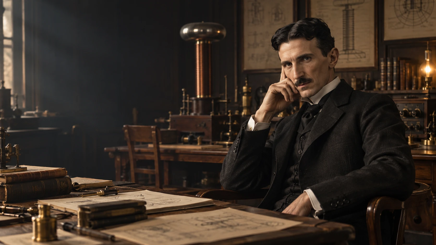 Reconstitution artistique de Nikola Tesla assis dans un ancien laboratoire électrique, avec bobines et dessins techniques.