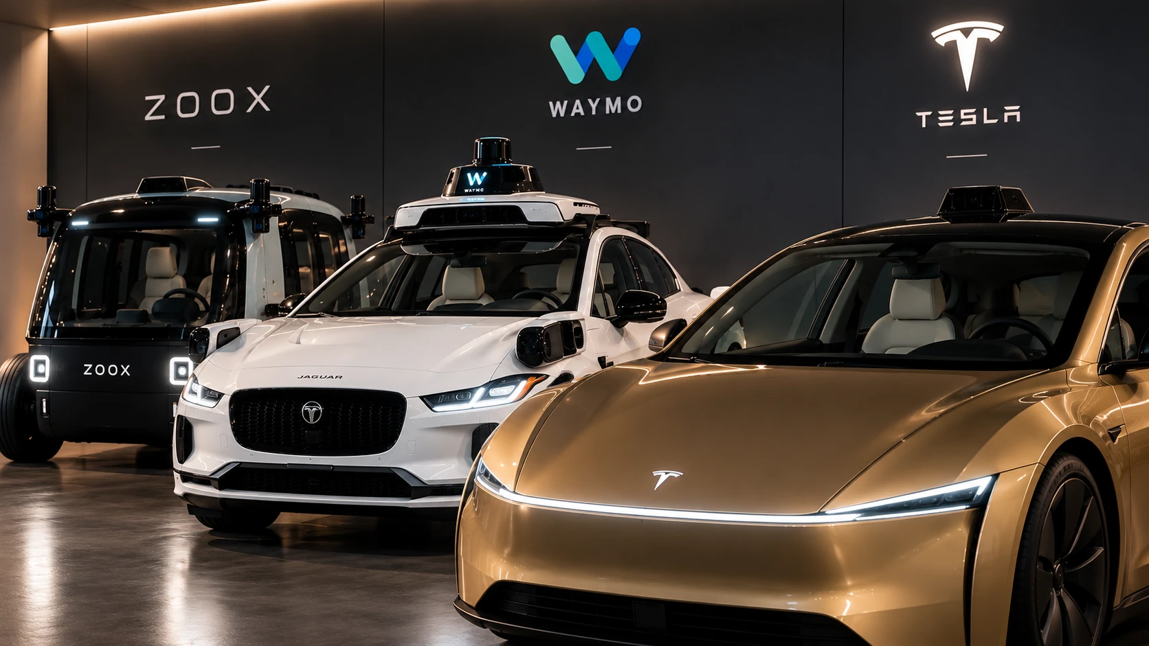 AI-generated editorial concept of Tesla, Waymo and Zoox vehicles in a showroom, not a real joint exhibition