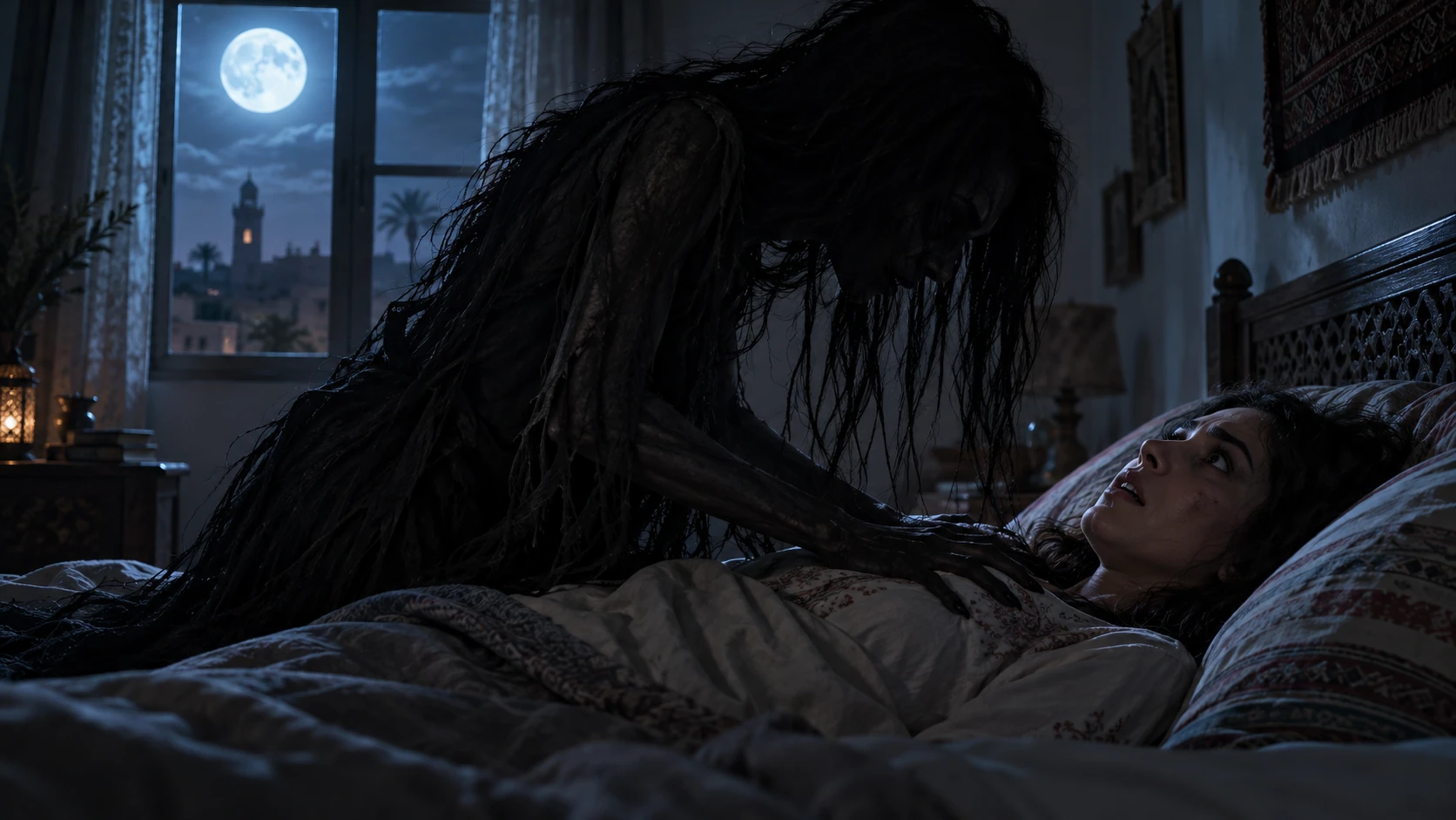 AI-generated illustration of a frightened person in bed with an imagined shadow figure, a depiction of a sleep-related hallucination rather than a real entity
