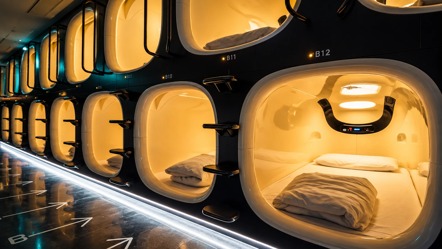 Ilustración conceptual con IA de cápsulas iluminadas en el pasillo de un hotel
