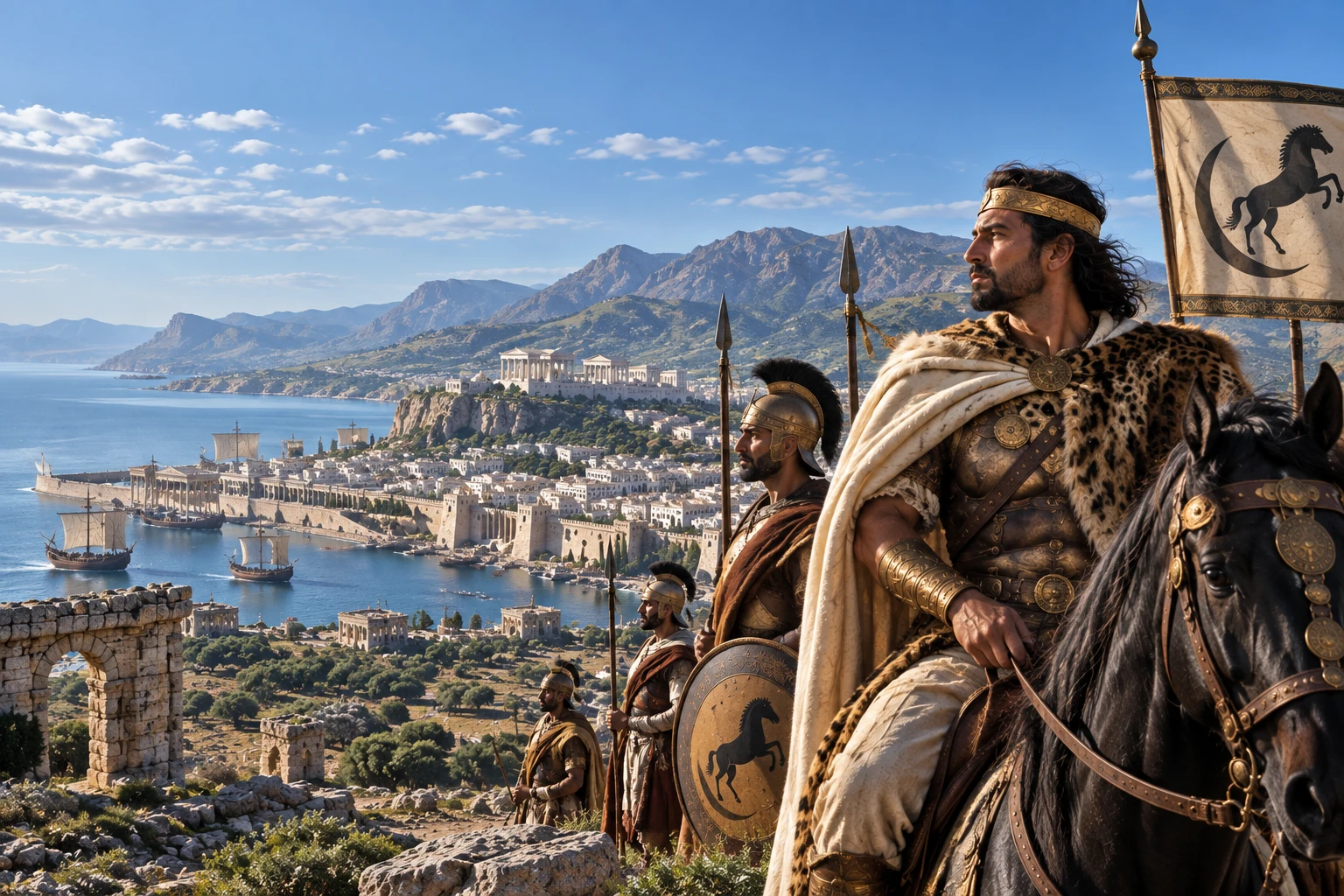 Editorial illustration of a Numidian king and cavalry overlooking a North African Mediterranean city and mountains