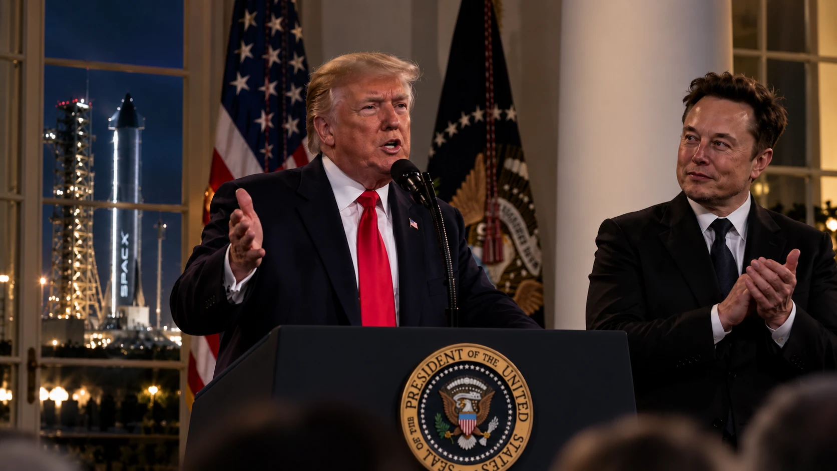 AI-generated editorial illustration of Donald Trump and Elon Musk at a space-themed announcement, not a photograph of a documented event