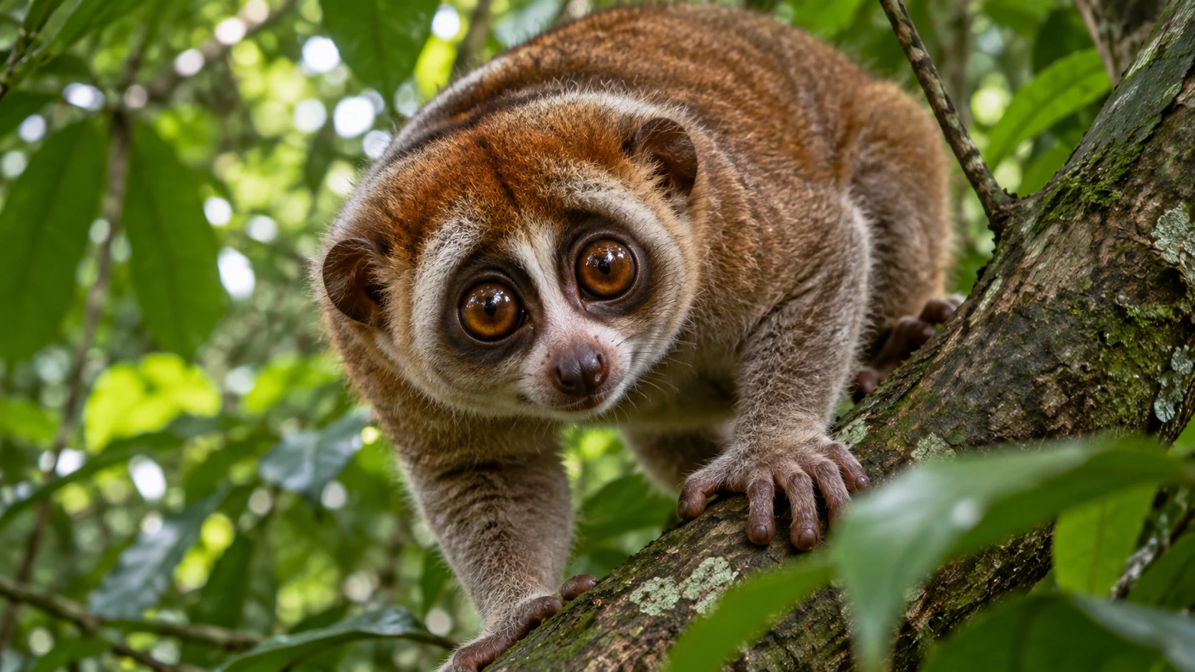 AI-generated editorial illustration of a slow loris among tropical foliage