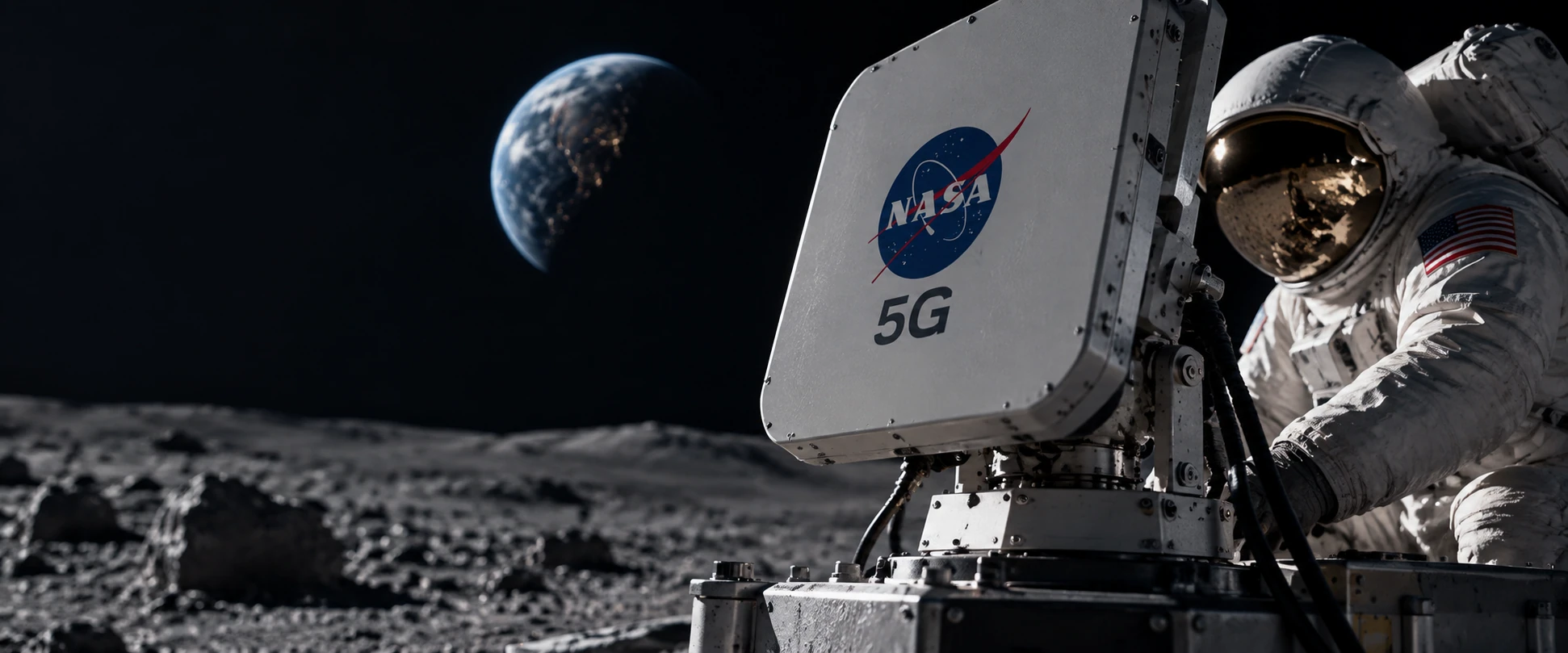 Ilustración conceptual generada con IA de un astronauta y equipo lunar con logotipo NASA; no es una fotografía de misión