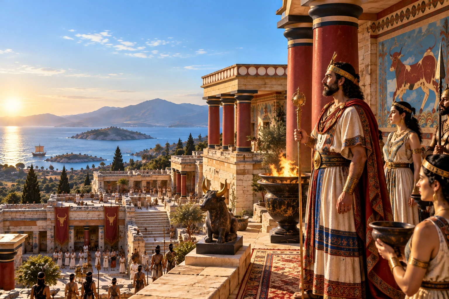 Reconstrucción artística generada con IA de un palacio inspirado en Creta minoica y un gobernante imaginario a la derecha, no un rey documentado ni una fotografía auténtica