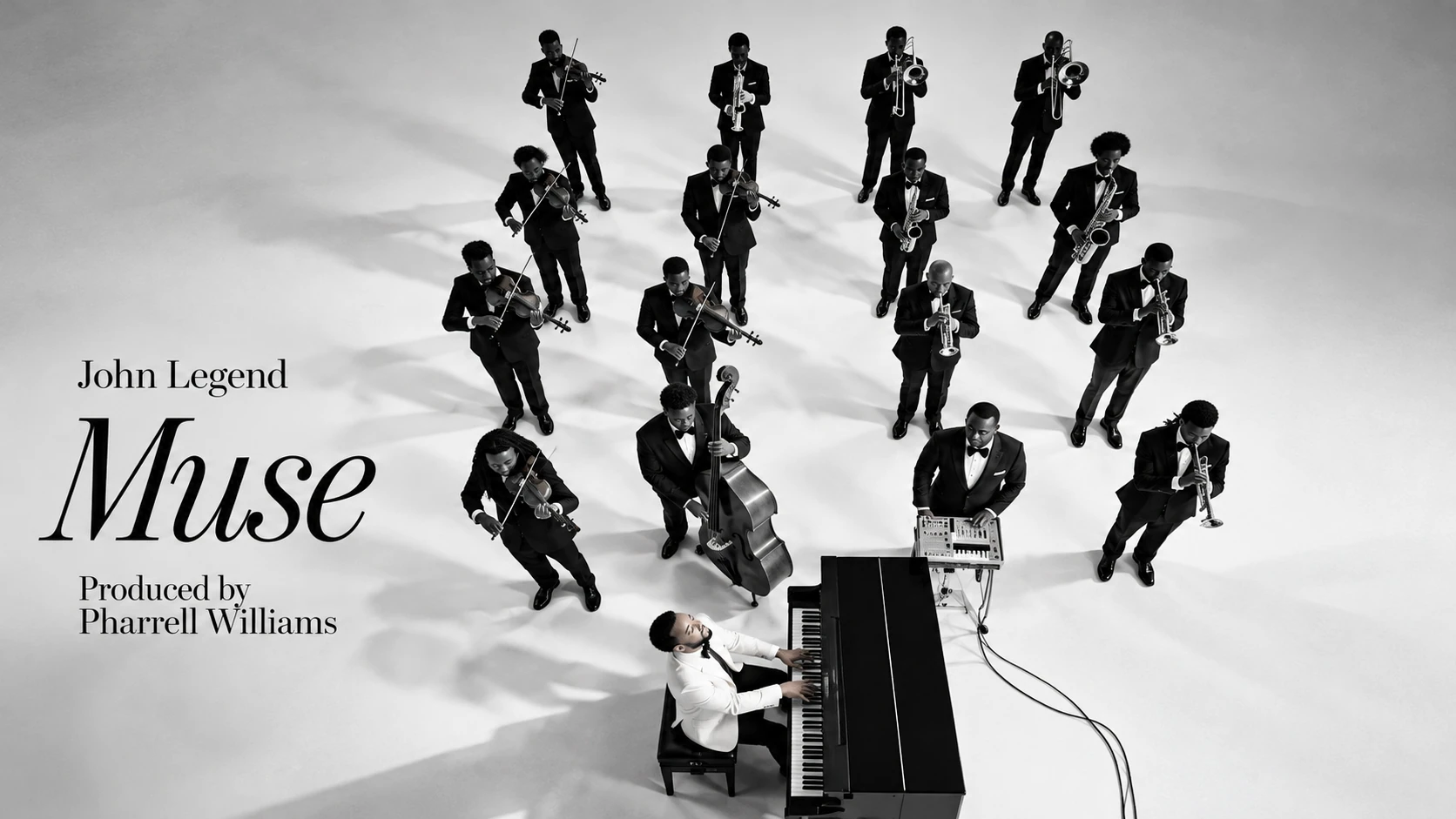 Ilustración monocroma con IA que imagina a John Legend al piano con un conjunto