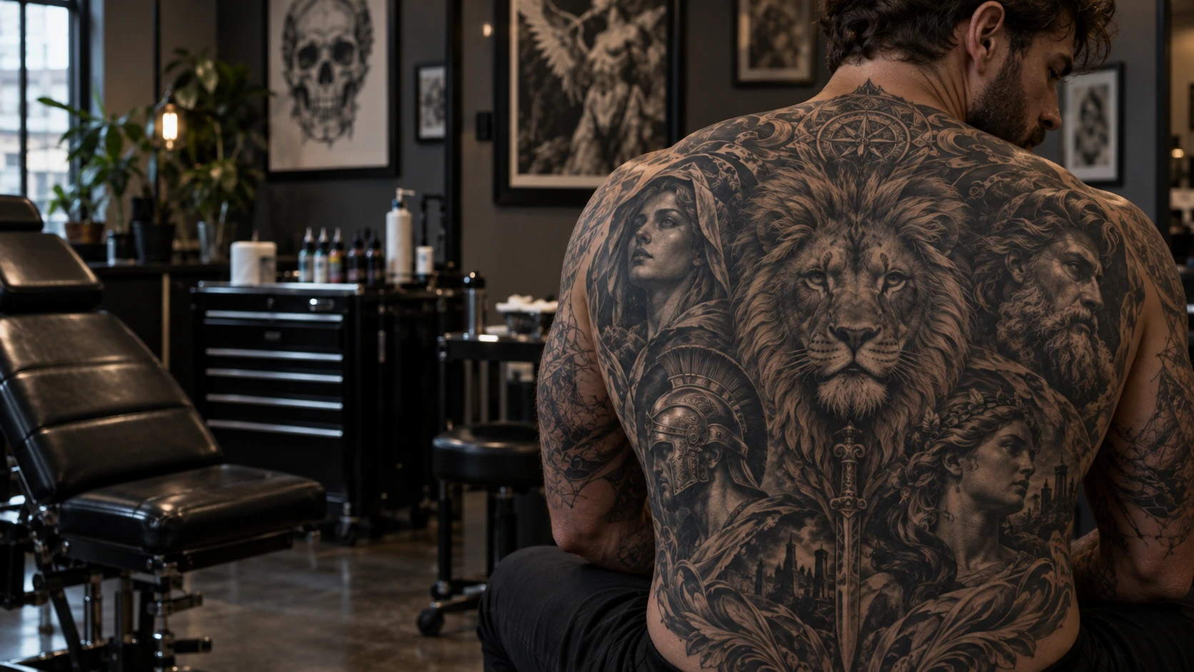 Illustration éditoriale générée par IA d’un homme tatoué montrant un grand tatouage dorsal dans un studio moderne