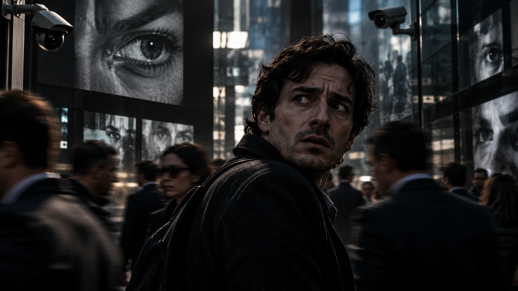 AI-generated editorial illustration of a worried person in an urban crowd with cameras and eye imagery, not evidence of surveillance