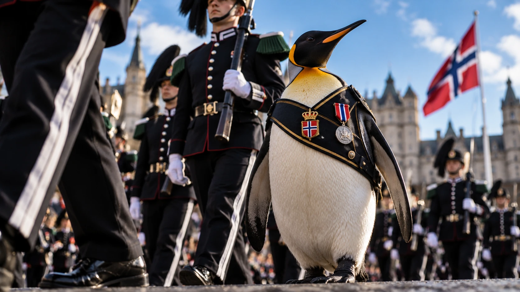 Ilustración de un pingüino rey con insignias ceremoniales imaginarias junto a guardias noruegos