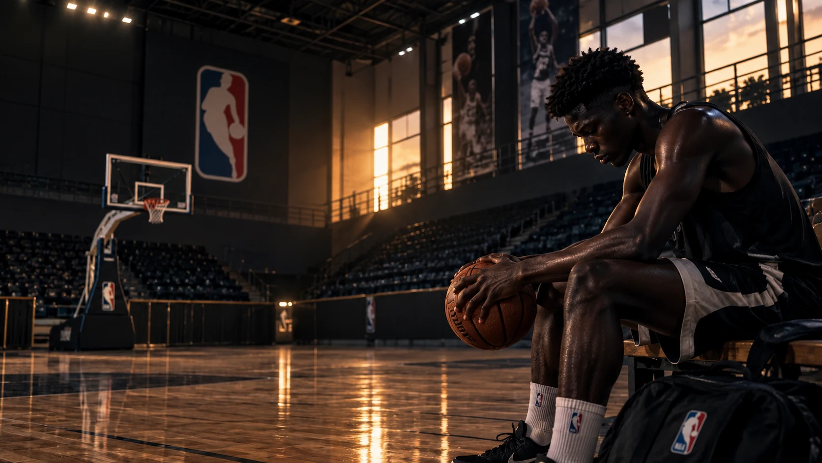AI-generated editorial illustration of a young basketball player holding a ball in a sunlit indoor arena, not a photograph of the Senegal academy