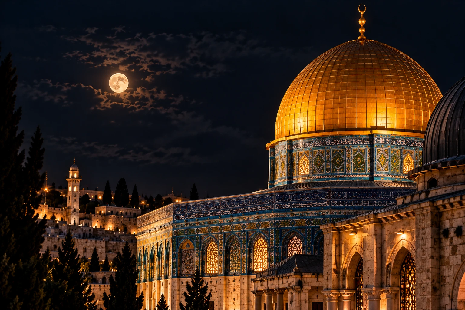 مشهد ليلي تحريري لقبة الصخرة وأسوار القدس التاريخية تحت البدر