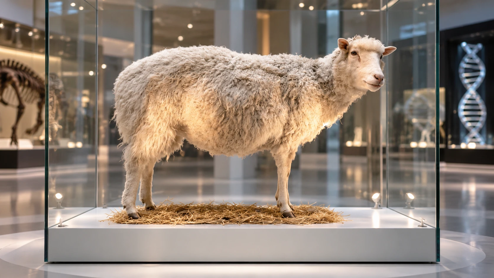 Artistic reconstruction of a sheep in a museum display case, inspired by Dolly.