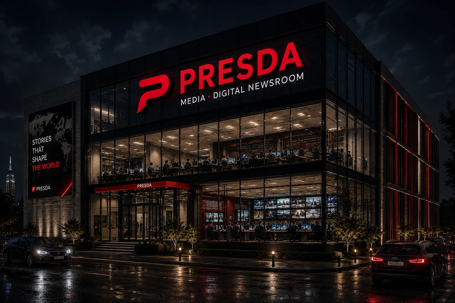 PRESDA newsroom concept artwork in a nighttime media setting